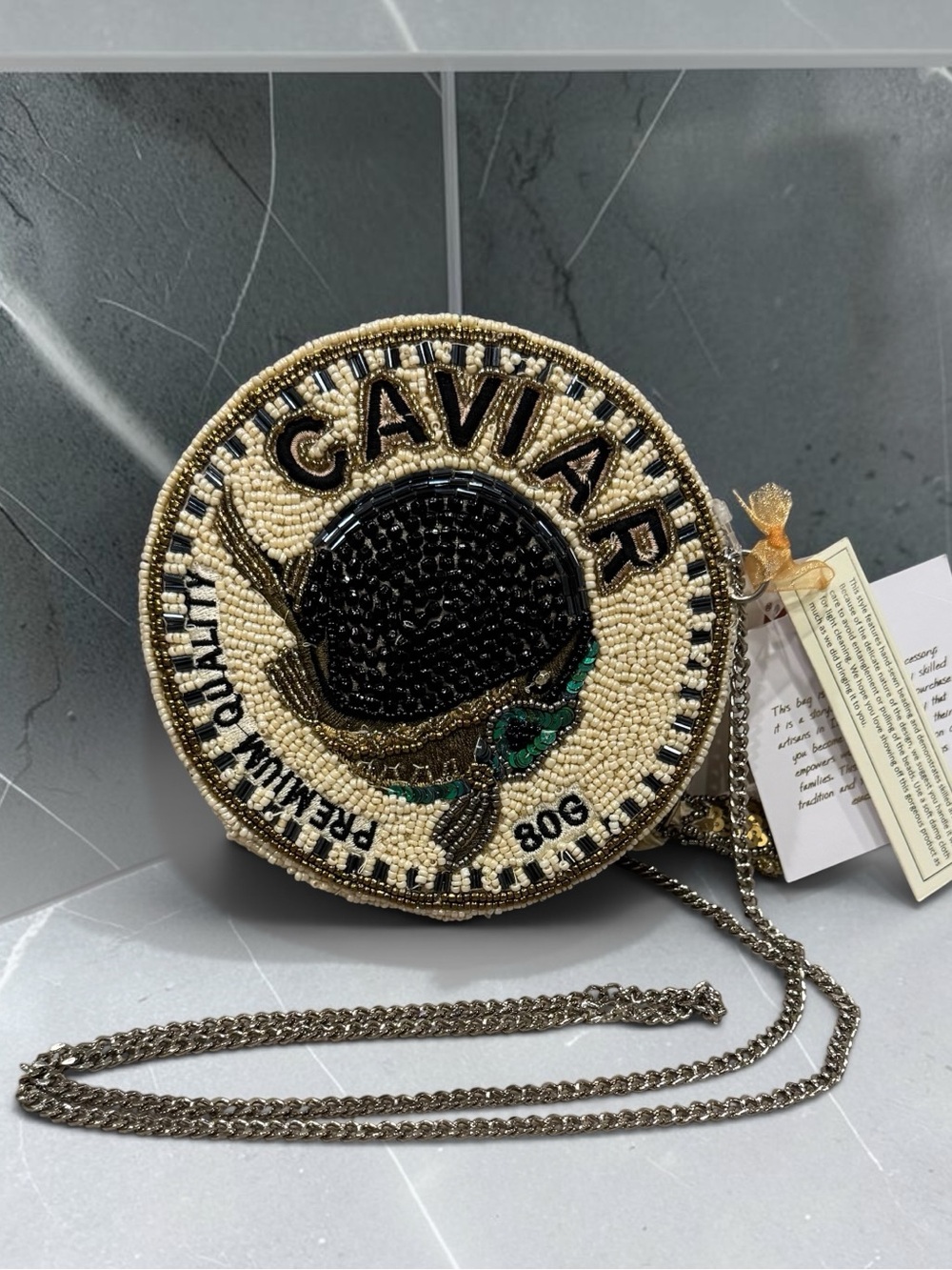 Beaded Caviar Tin Crossbody Bag - Black & Cream